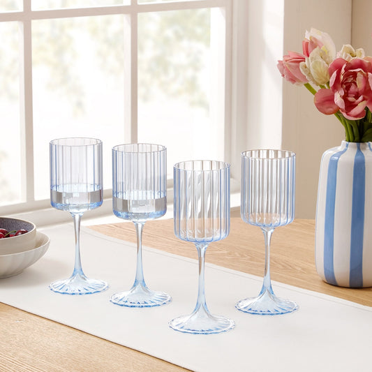 Lucinda Scalloped Edge Contrast Stem Wine Glasses - Set of 4 - Blue
